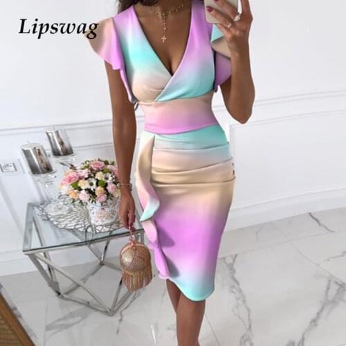 Sexy V Neck Draped Party Dress Vintage Ruffle Sleeve Office Lady Slim Dresses Elegant Gradient Print Bodycon Women Casual Dress