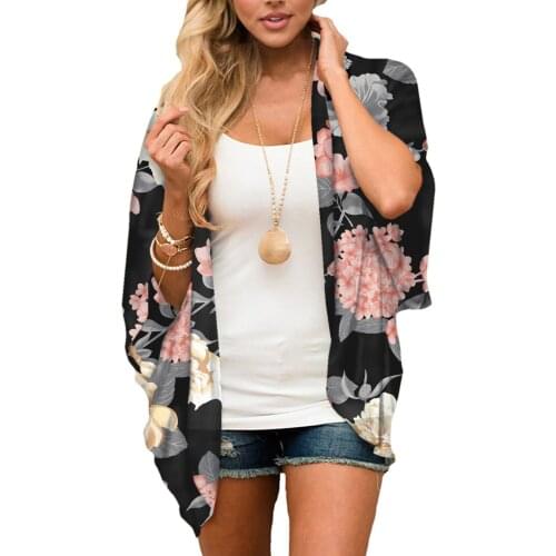 Women Floral Print Half Sleeve Shawl Chiffon Kimono Beach Cardigan Bikini Cover Up Wrap Beachwear Outdoor Anti-uv Coat
