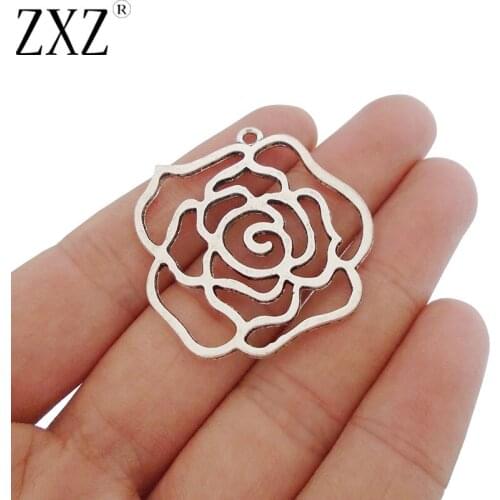 ZXZ 10pcs Open Filigree Rose Flower Charms Pendants for Jewelry Making Findings