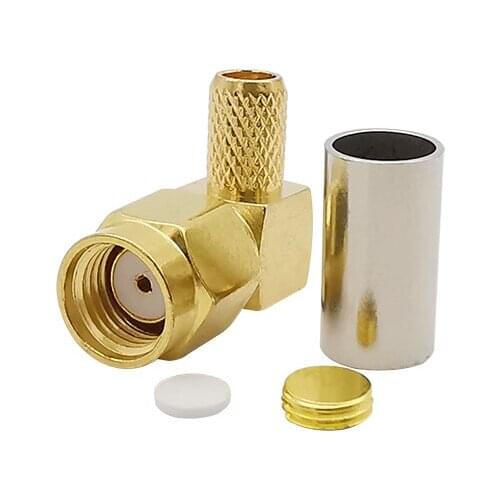 1Pcs Right Angle RP SMA Male Plug 90 Degrees Crimp LMR195 RG58 RG142 RG400 Wire Cable Connector RP SMA RF Coax Plug Adapter