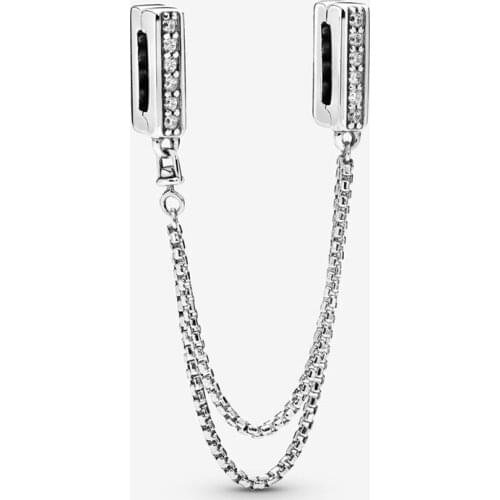 100% 925 Sterling Silver Beads Sparkling Safety Chain Clip Charms fit Original Pan Bracelets Women DIY Jewelry