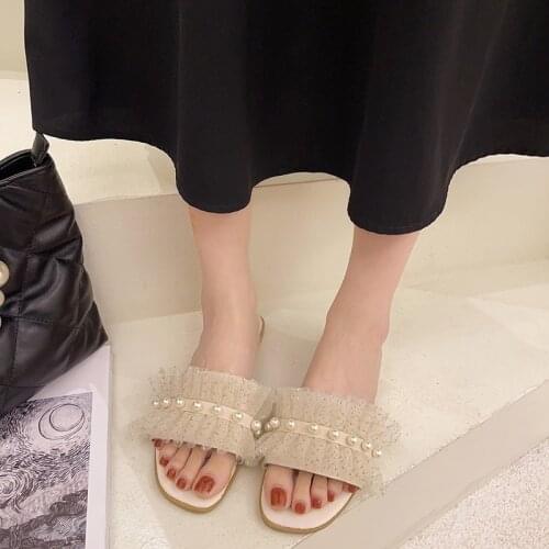 2021 Womens Slippers String Bead Shoes Woman Outdoor Slippers Flat Luxury Slides Soft New Summer Designer Flat Basic Fashion
