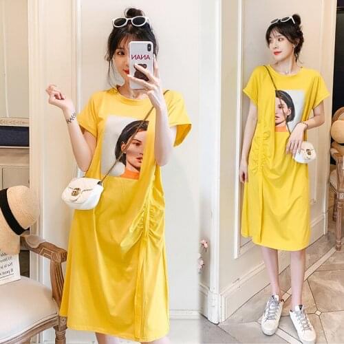 2033# Maternity Clothes Summer Cotton O Neck T Shirt Dress Cartoon Printing Short Sleeves Loose Stylish Dress Pregnant Women