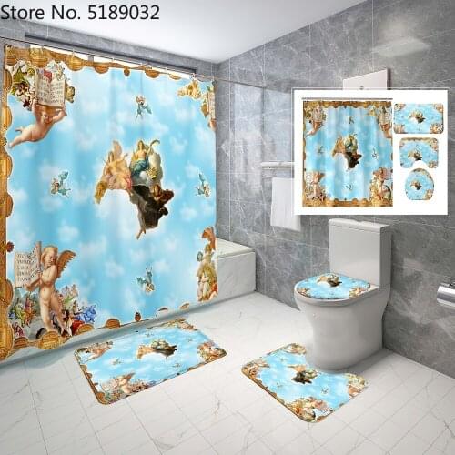3d Oil Painting Angle and Character Shower Curtains Bathroom Curtain Toilet Lid Cover Bath Rugs 4 Piece Retro Luxury Bath Set