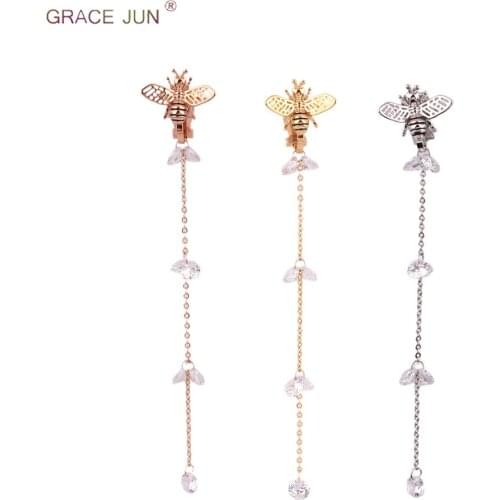 GRACE JUN High-grade Long Tassel Clip on Earrings for Girl Party Wedding Elegant Small Bee Without Pierced Earrings Anti-allergy