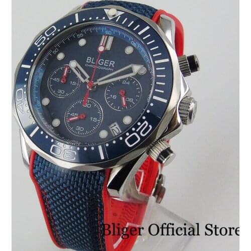 BLIGER New Arrival Blue Quartz Men Wristwatch Sport Style 41mm Sapphire Glass Chronograph Date Function Ceramic Bezel
