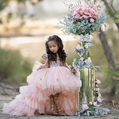 Pink Tulle Girls Dresses Kids Clothes Shiny Sequined Flower Girl Dress Toddler Birthday Dress Party Photoshoot