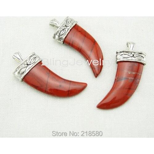 H-SP77 Red Jaspers Horn Tusk Charm Pendant Antique Silver Plated