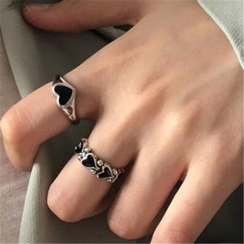 Retro 2pcs /set Silver Color Index Finger Ring Black Heart-Shaped Open Ring Accessories Charming Women Party Jewelry