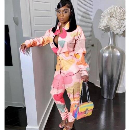 African Womens Button Shirt+Pocket Casual Trousers Set 2021 Fall New Style Dashiki Slim Long-Sleeved Shirt Moletom Two Piece Set