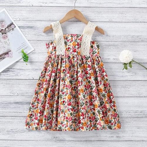 Girls Ditsy Floral Print Lace Cami Pleated Dress Summer Child Baby Kids Sleeveless Vintage Boho Princess Dress for Girls New