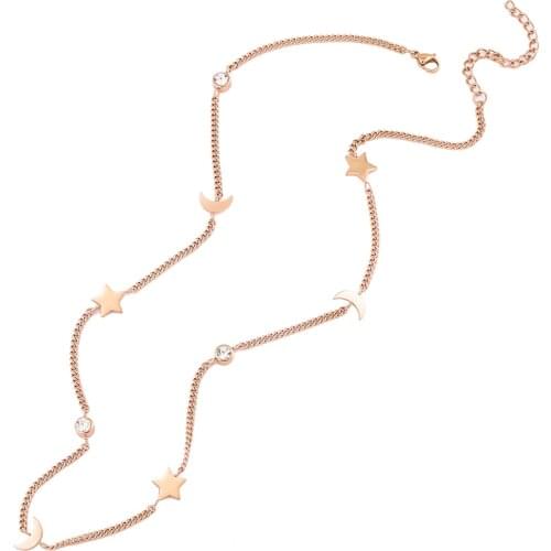 Mavis Hare Moon Star Crystal Choker Necklace Stainless Steel Link Chain Necklace as Mothers Day Gift