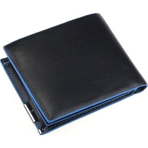 Man Clutch Wallet Card Leather Bag Pockets Bifold Money Clip (Black + Blue)