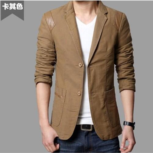 Plus Size M-6XL Spring Autumn Fashion Mens Casual Slim Fit Blazer Leather Patchwork Two Buttons Suits Jacket Men Outwear FS-120