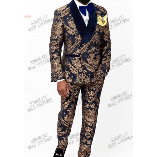 Latest Design Double Breasted Men Suits Navy Blue Velvet Lapel Gold Floral Groom Tuxedo Groomsmen Best Man Wedding Suits For Men