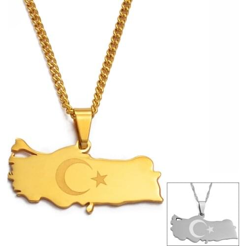 Anniyo Turkey Map Flag Gold Color / Silver Color Pendant Necklace for Women Men Turks Jewelry Patriotic Gifts #012021