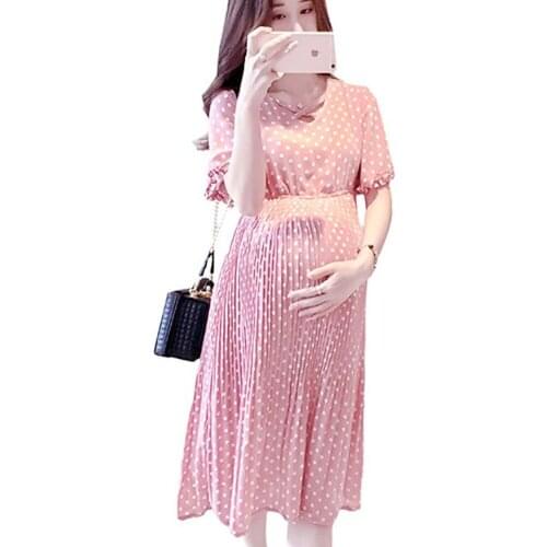 Chiffon Dresses Pleated Maternity Clothings Pink Polka Dots Plus Size M- XXL Pregnant Women Loose Pregnancy Clothes 2021 Fashion