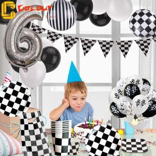 Race Car Birthday Party Supplies Black White Checkered Party Decorations Including Banner Pennant Balloons Tablecloth Gift Bags