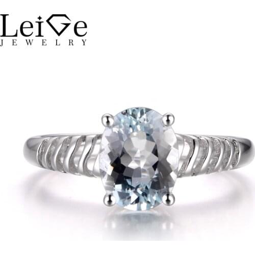 LeiGe Jewelry Natural Blue Aquamarine Rings Unique Wedding Rings Oval Shape Gemstone March Birthstone 925 Sterling Silver Gifts