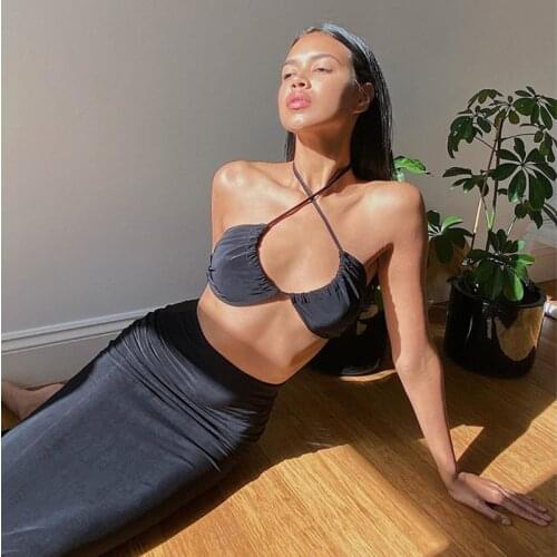 YICIYA Summer Long Skirts Two Piece Set Women Black Halter Backless Crop Top High Waist Pencil Skirt Party 2 Piece Outfits 2021