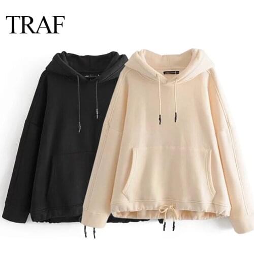 TRAF ZA Womens Clothes Hoodie Fashion With Pocket Large Size Pure Color Retro Long Sleeve Fleece Female Pullover Loose Chic Top