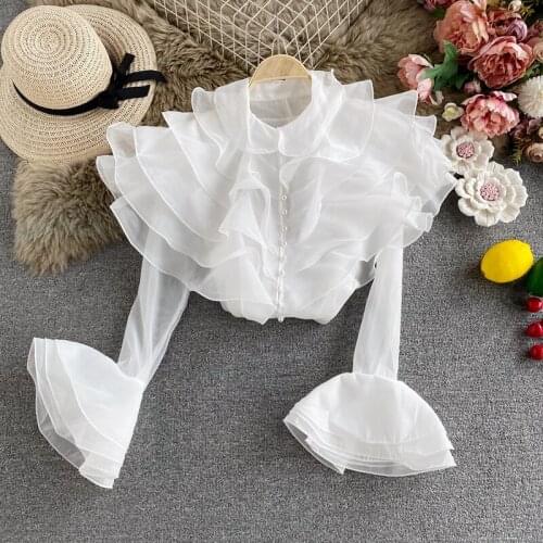 Womens Spring Autumn Runway Fashion Flare Sleeve Ruffles Shirt Female High Waist Casual Blouse Tees Tops TB1592