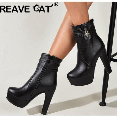 REAVE CAT Ladies Ankle Boots Round Toe 12cm High Square Heels Zip Buckle Designer Classic Vintage Stylish Size 43 Office C2223