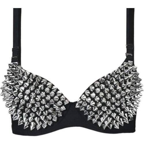 Women Sexy Bras Party Disco All-over Spike Rivet Stud Pattern Bra Sexy Bras for women silver color-30