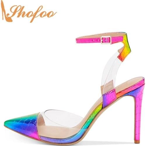 Rainbow Snake Slingback Pumps High Thin Heels Women Strap Buckle Pointed Toe Large Size 14 15 Ladies Fashion Mature Shoes Shofoo
