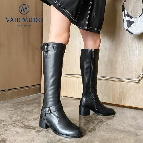 Winter Knee Boots Shoes Women Thick Heel Warm Fashion Elegant Waterproof Black Lady Basic cowhide Zipper High Knight WM-C13