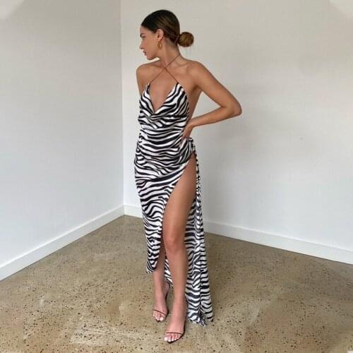 Split Irregular Zebra Print Summer Dress 2021 Backless Strap Long Party Dresses For Women Sexy Halter Bandage Vestido