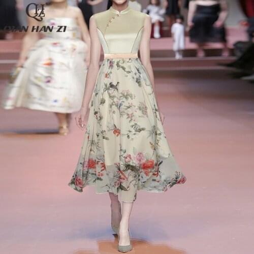 Qian Han Zi designer fashion summer dress Womens cheongsam collar Buttons high quality Peony print Slim long Indie Folk dress