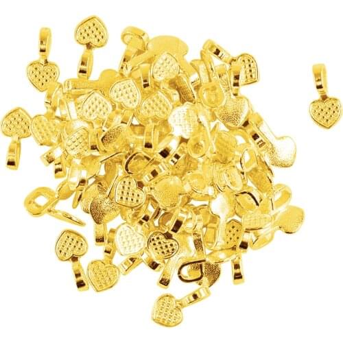 100 PCS Alloy Shiny Gold Heart Glue on Bails Pendants Setting For Earrings Necklaces Pendant Making DIY Jewelry Making