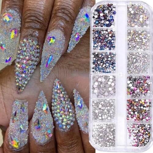 12 Grids/box 3D Nail Art Rhinestone Gold Clear Silver Glitter Mixed Crystal Diamond Gem DIY Nail Decorations Nails Accessories