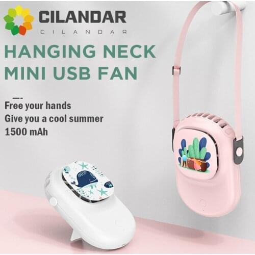 2021 new product hanging neck electric fan 3.7V painted cartoon mini desktop fan USB portable outdoor cooling fan 1500mA