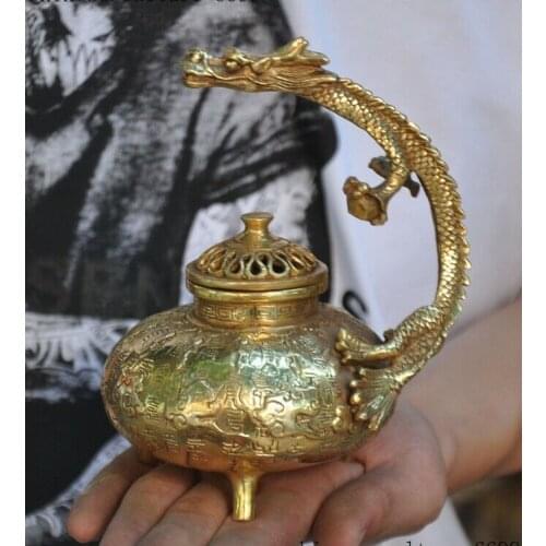 5" China Chinese brass Dragons Loong Dragon statue Incense Burner censer