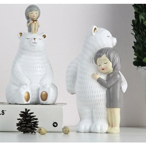 Bear and Girl White Statue Resin Portrait Fairy Garden Figurine Desk Decor Ornaments Home Decor Modern Childrens Room Decoration
