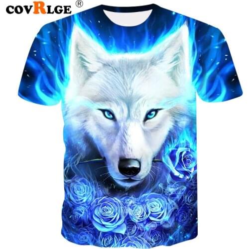 Covrlge Mens T-Shirts 3D Printed Animal Wolf Head Blue Flowertshirt Short Sleeve Funny Design Tops Tees Streetwear MTS534