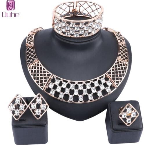 African Beads Jewelry Set Gold Color Crystal Earrings Necklace Bangle Ring For Women Dubai Wedding Bridal Jewelry Sets