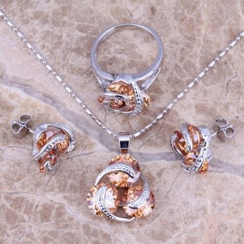 Noblest Champagne Morganite Silver Plated Jewelry Sets Earrings Pendant Ring Size 6 / 7 / 8 / 9 / 10 S0127