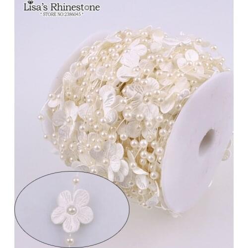 2 Yard Cotton Fishing Line Artificial Ivory White Cloth Five Petal Flower Pearl Beads Chain DIY Garland Wedding Decoration
