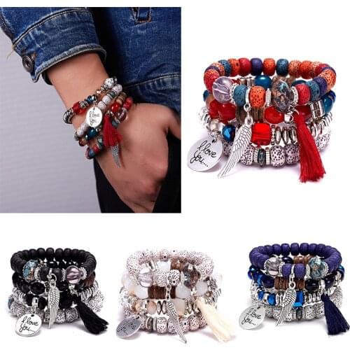 Hot selling wings tassel natural stone imitation Bodhi beads Bohemian style men and women set Bracelet wholesale