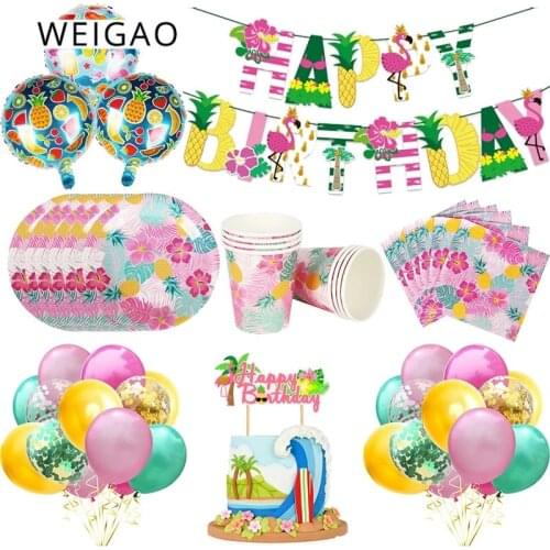 Summer Hawaii Party Decorations ALOHA Banner Balloon Cake Topper Tableware Set Luau Beach Party Supplies Tropical Flamingo Decor