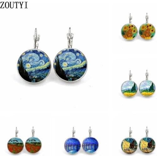 New / glamour silver color simple style earrings Van Gogh famous artist star night glass cabochon earrings female jewelry gift