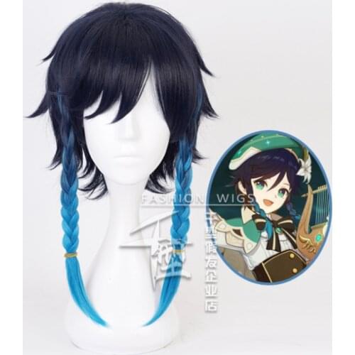 Anime Genshin lmpact Wendy wig blue gradient double ponytail long braid mens and womens Halloween Cosplay prop wig