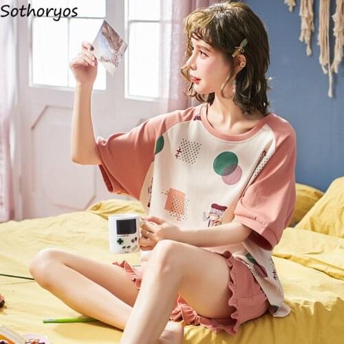 Pajama Sets Women Loose Summer Two Piece Set Short Sleeve Shorts Soft Nightwear Casual Korean Style Kawaii Harajuku Breathable