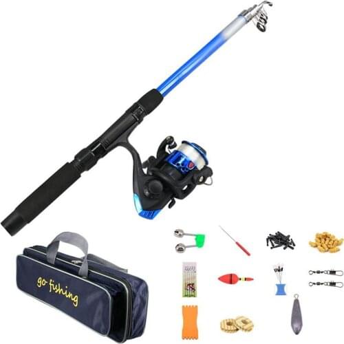 Portable Telescopic Fishing Travel Combo Fishing Rod And Spinning Blue Reel Baits Hooks Line Full Set Travel Drift Bell Hook Kit