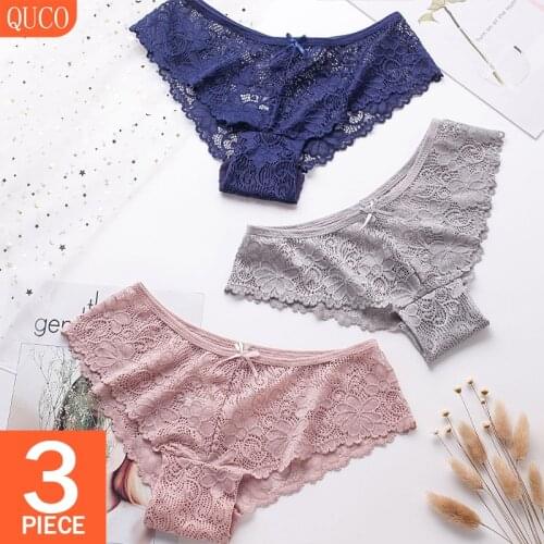 QUCO Brand 3 Pcs/lot Transparent Underwear Women Panties Set Erotic Lingerie For Sex Porno Womens Lace Bodysuit Elastic Briefs
