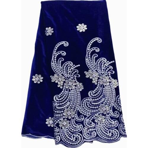 Blue Velvet Lace Fabric With sliver Sequin soft velvet material embroidered Velvet Lace for wedding dress 5yards per piece