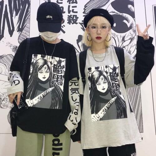 April MOMO Harajuku Style Dark Comic Japanese Text Printing Stitching Fake Two Men And Women T-Shirt Sweater Bottoming Shirt